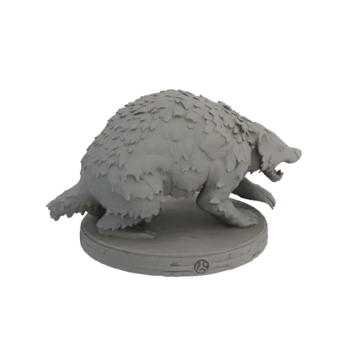 A 3D render of a grey, ferocious badger miniature with its mouth open in a snarl, standing on a circular base.