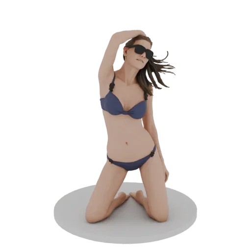 Modello 3D di una donna in ginocchio con bikini blu e occhiali da sole, con una mano sulla testa.