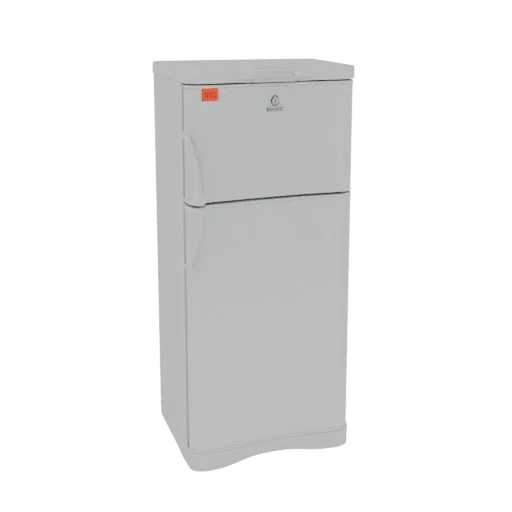 3D model of a white two-door refrigerator with a top freezer and bottom refrigerator compartment, shown against a white backg
