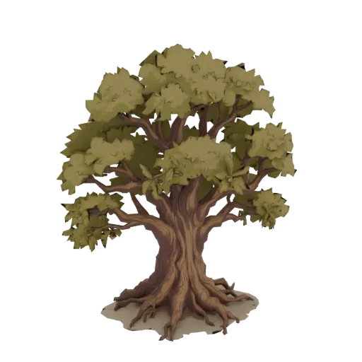 3D model of an ancient oak tree with a thick, gnarled trunk, sprawling roots, and a dense canopy of green leaves.