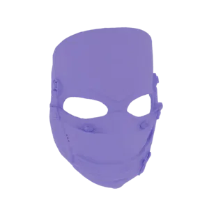 A 3D render of a futuristic cyberpunk mask in a light purple color, featuring eye openings and mechanical details on the side