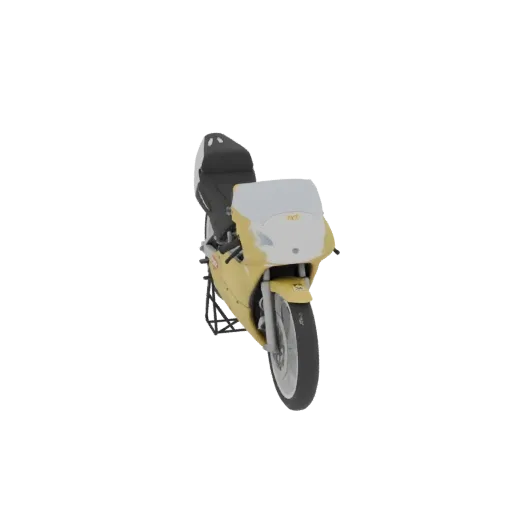 3D model of a yellow sportbike motorcycle with a white windshield, shown from a front-three-quarter view.