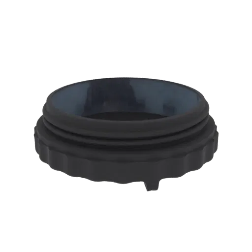 3D model of a black threaded ring cap with a ribbed exterior and a smooth inner surface, shown from a slight angle.