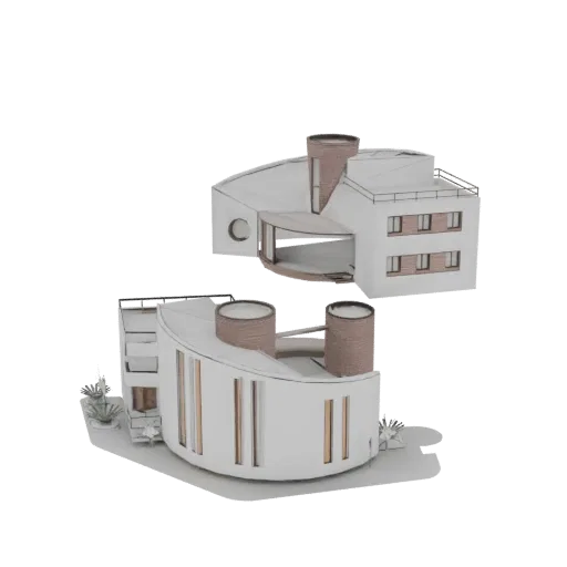 3D model of a modern circular building with curved walls and two brick-textured cylindrical towers, set against a black backg