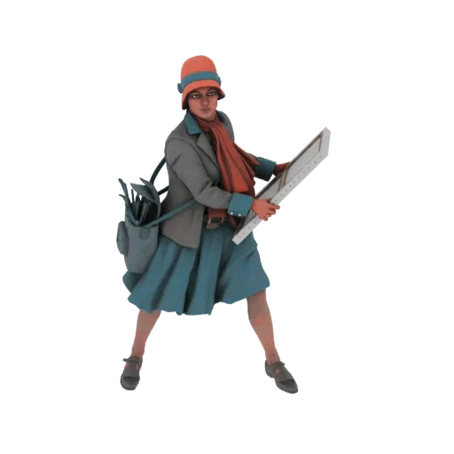 3D model of a woman in 1920s attire, wearing a cloche hat and scarf, holding a portable easel with art supplies.