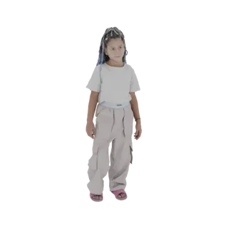 3D model of a young girl with braided hair, wearing a light t-shirt and beige cargo pants, standing and looking to the side.