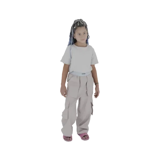 3D model of a young girl with braided hair, wearing a light t-shirt and beige cargo pants, standing and looking to the side.