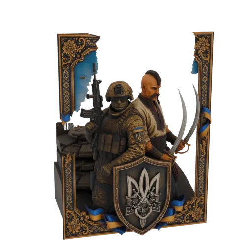 3D model of a diorama featuring a modern Ukrainian soldier and a historical Cossack, with Ukrainian symbols and national colo