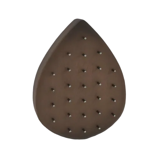 3D model of a brown teardrop-shaped pin cushion with many silver pins sticking out