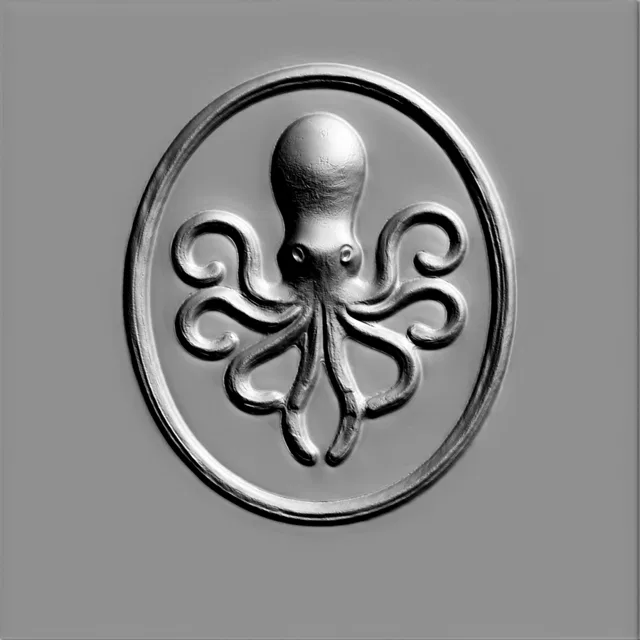 3D bas-relief model of an octopus in a circle, rendered in silver