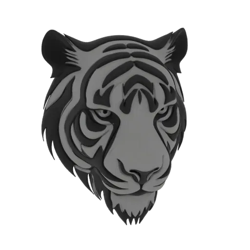 3D model render of a stylized tiger head emblem with bold black and gray stripes, presented on a black background.