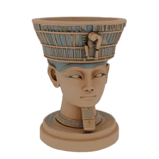 Modelo 3D do busto da Rainha Nefertiti, projetado como vaso, com seu icônico adorno de cabeça azul e dourado e expressão sere