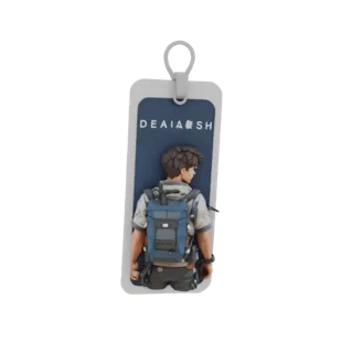 3D model of a Death Stranding style character keychain, rear view, with backpack and inscription.