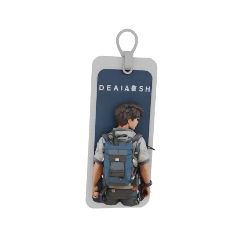 3D model of a Death Stranding style character keychain, rear view, with backpack and inscription.