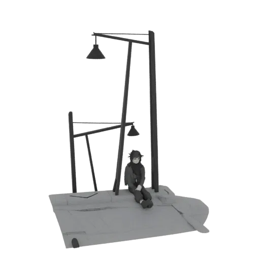 3D model of a solitary figure sitting under streetlights on a desolate platform, rendered in grayscale.