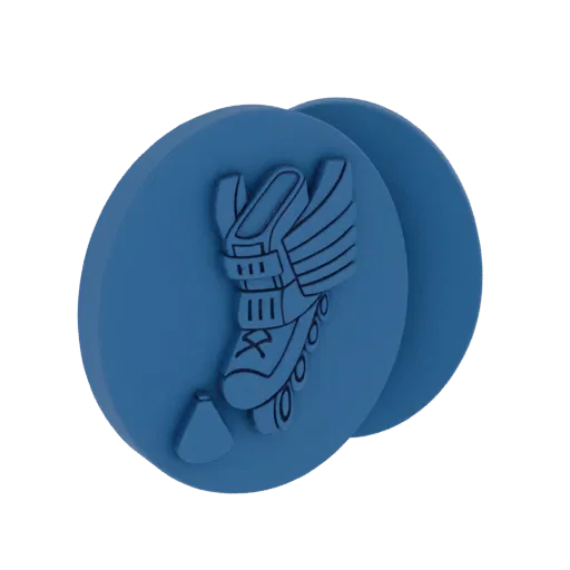 3D model of a blue, circular emblem featuring an embossed winged roller skate.