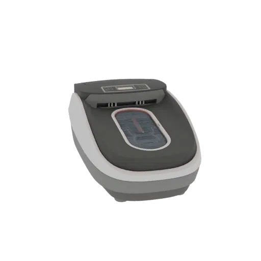 Rendering modello 3D di un dispenser copriscarpe automatico compatto con corpo grigio, finiture bianche e display digitale.