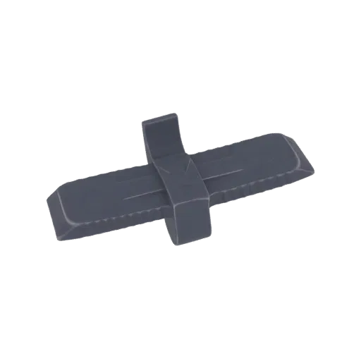 3D render of a dark grey, cross-shaped industrial clamp with a matte finish, viewed from a slight angle.