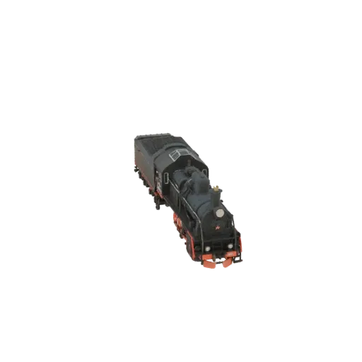 3D model of a classic black steam locomotive with a tender, viewed from a slight angle.
