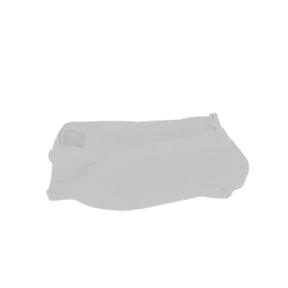Eine minimalistische weiße abstrakte Skulptur mit glatten, fließenden Linien, präsentiert auf weißem Hintergrund.