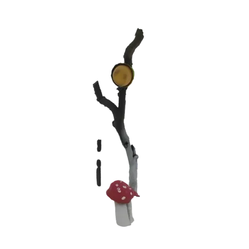 3D model of a dark, gnarled forest branch with a red and white spotted mushroom and a glowing golden acorn.