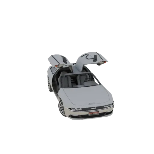 A 3D render of a silver retro futuristic sports car with its iconic gullwing doors open, revealing the interior.