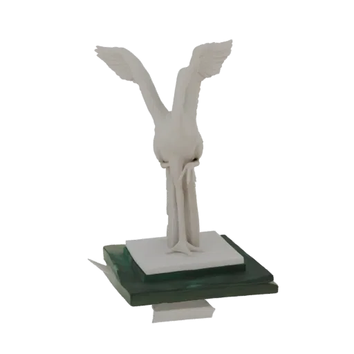 Modelo 3D de escultura de cisne blanco con alas extendidas, sobre base de cristal verde en capas, contra fondo negro.