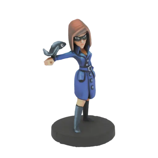 3D model of a female spy in a blue trench coat, wearing a mask, and holding a fish in her outstretched hand, standing on a bl