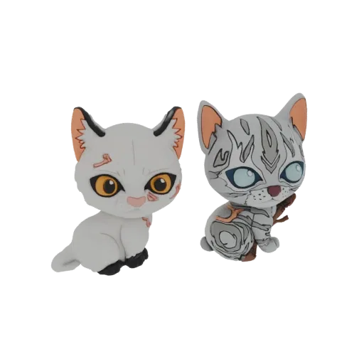 Modelo 3D de estatueta guerreiro felino branco com detalhes laranja e cicatrizes de batalha, em pose alerta.