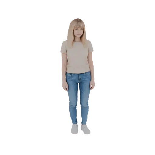 3D model of a young woman with blonde hair, wearing a beige t-shirt and blue jeans, standing and looking to the side.