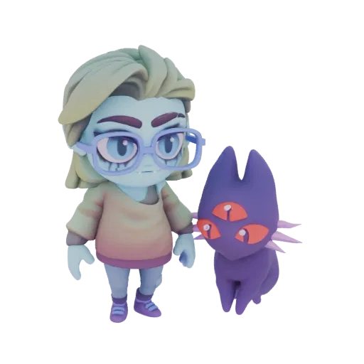 3D model of a blue-skinned chibi alien girl with glasses and a purple three-eyed cat companion, presented against a white bac