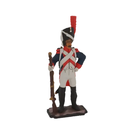 3D model of a French Napoleonic Grenadier soldier in uniform, holding a musket, with a tall shako and red plume.