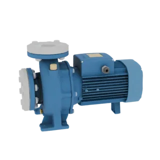 3D model of a blue centrifugal pump with a motor and flanged connections, shown against a white background.