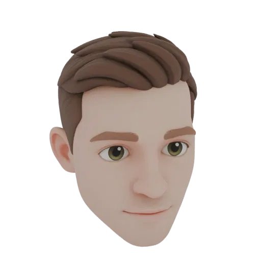 3D-Modell-Rendering eines stilisierten jungen Mannes mit braunen Haaren und grünen Augen, der mit einem leichten Lächeln nach
