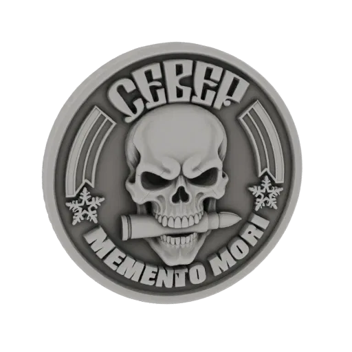 3D model of a silver coin featuring a skull biting a bullet, with 'Memento Mori' inscribed around the edge.