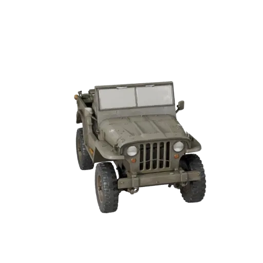 Modelo 3D Jeep Militar da Segunda Guerra Mundial Low Poly, viewport de jogo em três quartos, asset de veículo low-poly com vo