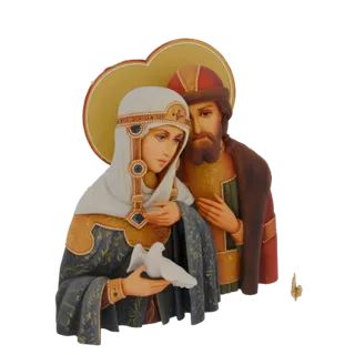 Modèle 3D d'une icône orthodoxe montrant Saint Joachim et Anne tenant une colombe blanche, avec une auréole dorée.