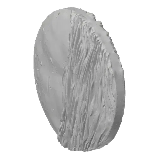 3D render of a light gray sphere with a textured, draped surface resembling fabric, casting a soft shadow.
