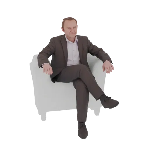 3D model of a man in a dark suit sitting with his legs crossed in a white armchair, looking slightly to the side.