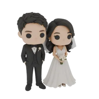 Modèle 3D d'un mignon couple de mariés chibi en tenue de mariage, debout côte à côte.