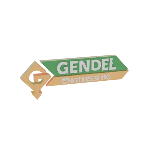 نموذج ثلاثي الأبعاد لشعار Gendel Engineering، يتميز بحرف 'G' برتقالي منمق مع سهم متجه لأسفل ولافتات نصية خضراء وبرتقالية.