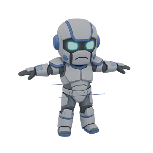 Uma renderização 3D de um robô sci-fi chibi fofo, com armadura cinza e azul e olhos azuis brilhantes, em pose T.