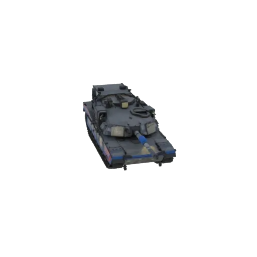 3D model of a modern combat tank with a dark grey finish and blue accents on the barrel and chassis, viewed from a slightly e