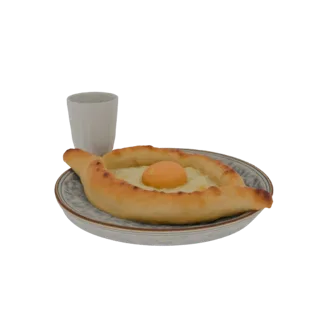 3D model of a Khachapuri, a Georgian cheese bread with a fried egg and melted cheese, on a decorative plate, with a white cup