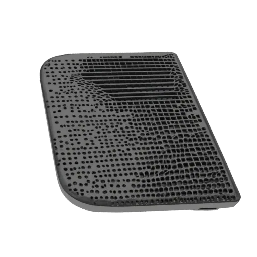 3D model of an abstract surface with a pattern of circular and hexagonal perforations, rendered in matte black.