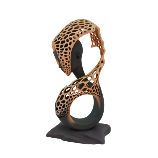 3D model of an abstract organic sculpture with a beige lattice shell over a dark core, on a dark base.