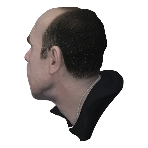 3D model of a bald man's head and shoulders in profile view, showing his facial features and a silver necklace.