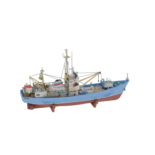3D model of a light blue fishing trawler with detailed rigging and hull, set against a black background.