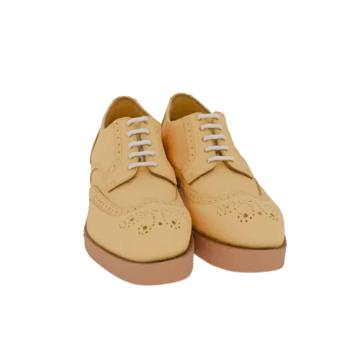 Modelo 3D de zapatos brogue amarillos con suela de plataforma gruesa, visto de frente.