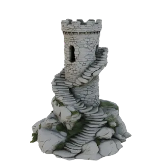 Ancient Stone Tower with Spiral Staircase and Mossy Rocks
